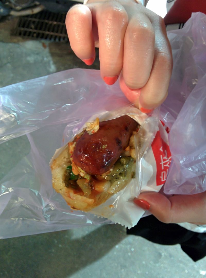Taiwanese sausage thing. Accidentally bought spicy and it was way too spicy